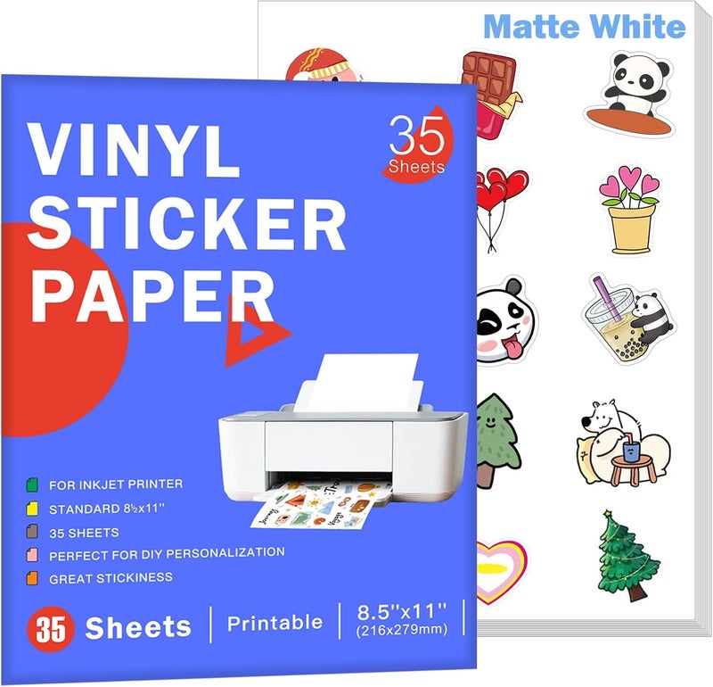 Aevdor 35 Sheets Premium Printable Vinyl Sticker Paper for Inkjet Printer, Matte White Adhesive Paper Waterproof, Durability Adhesive Paper 8.5x11, Fast Dry, Holds Ink Well, Great for Cutting Machines - Image 1